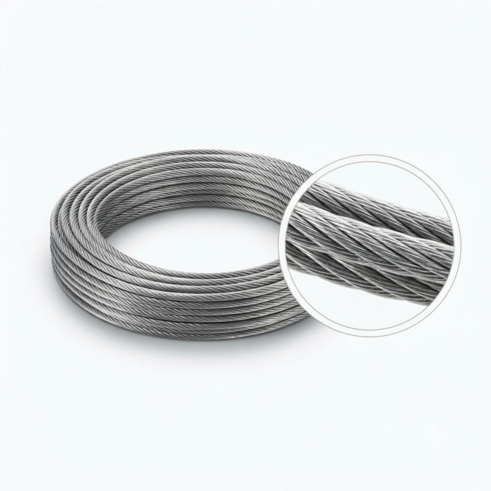 GSR-1 10 metre galvanised steel wire rope with a zoomed-in circle showing the twisted strands