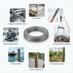 Galvanised steel wire rope coil surrounded by uses: construction, rigging, lifting, marine, fencing and outdoor