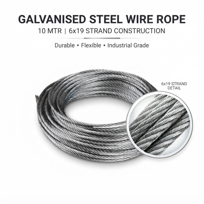 GSR-4 Galvanised steel wire rope 10 mtr coil with a zoomed-in circle showing 6x19 strand detail