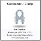Galvanized U-clamp with threaded bolts and contact information displayed