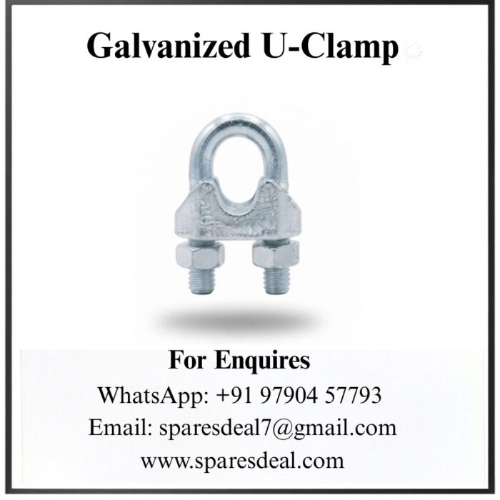 Galvanized U-clamp with threaded bolts and contact information displayed