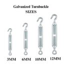 Galvanized turnbuckle size comparison showing 3MM, 6MM, 10MM, and 12MM sizes displayed side-by-side from smallest to largest