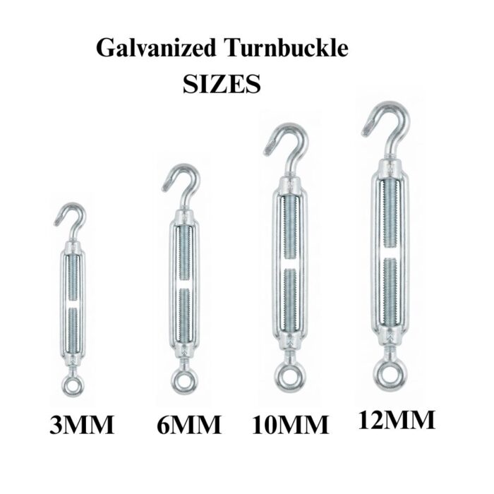 GT-6 Galvanized turnbuckle size comparison showing 3MM, 6MM, 10MM, and 12MM sizes displayed side-by-side from smallest to largest