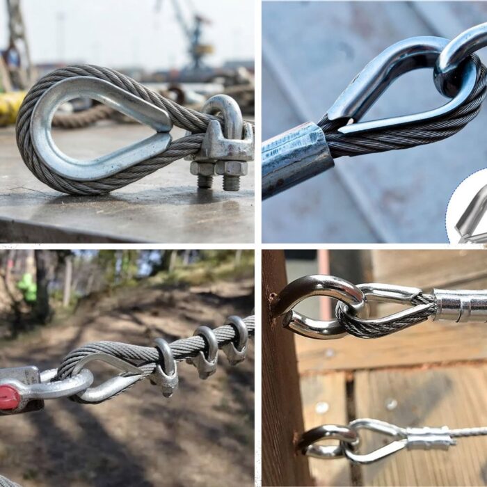Galvanized iron thimbles used with wire rope in four applications