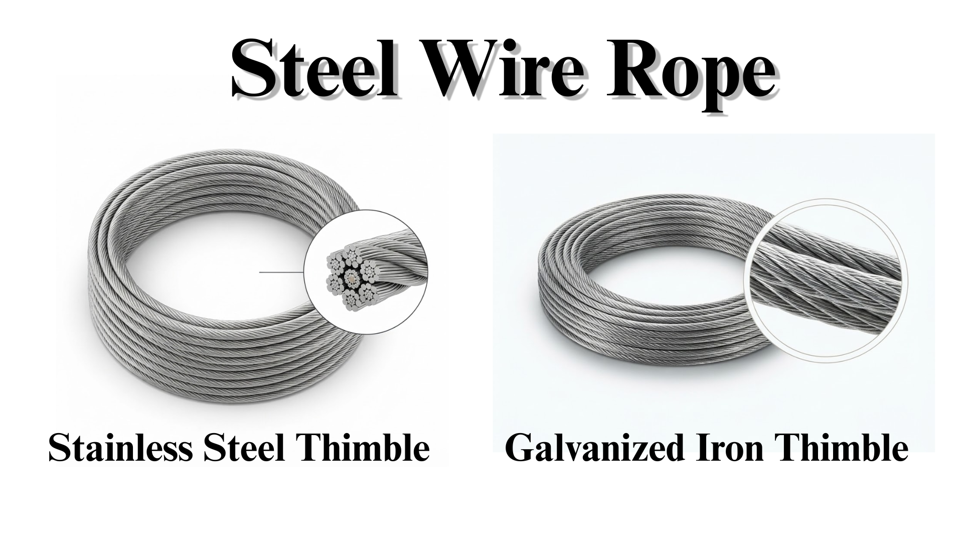 Two steel wire rope coils side by side: stainless steel on the left and galvanised steel on the right