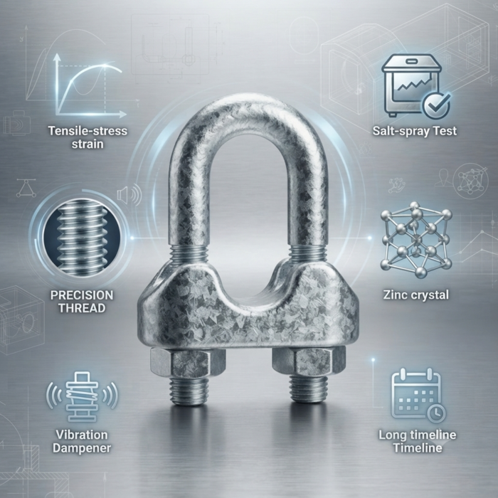 Galvanized U-clamp with technical features: tensile strength, salt-spray test, precision thread, zinc crystal coating, vibration dampening, and durability timeline