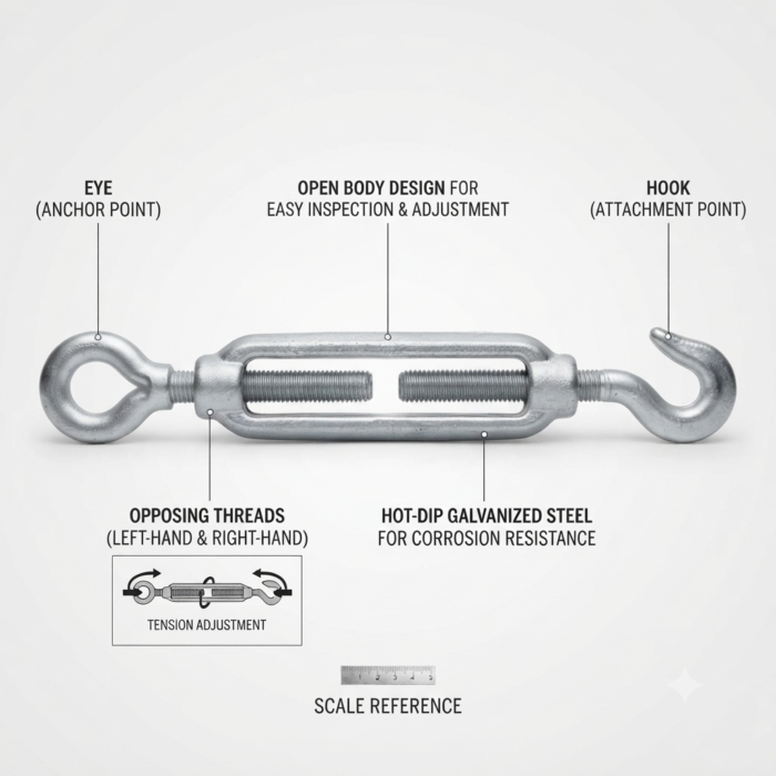 GT-4 Technical diagram of galvanized turnbuckle showing eye anchor point, hook attachment, open body design, opposing threads, and hot-dip galvanized steel construction with scale reference