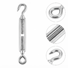 Premium stainless steel turnbuckle with detailed zoom circles showing eye anchor, opposing threads, and hook attachment points