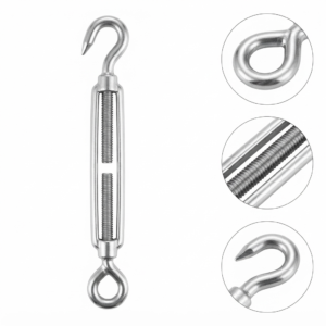 Premium stainless steel turnbuckle with detailed zoom circles showing eye anchor, opposing threads, and hook attachment points