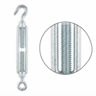 Galvanized turnbuckle eye-to-hook connector with zoomed detail showing thread