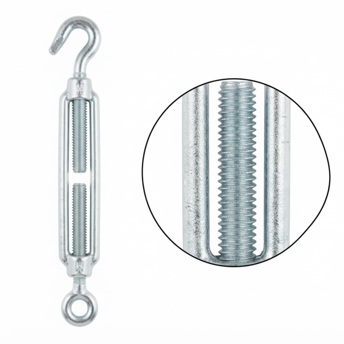 GT-1 Galvanized turnbuckle eye-to-hook connector with zoomed detail showing thread