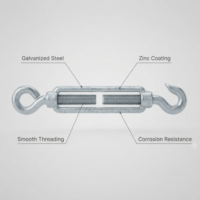 GT-5 Galvanized turnbuckle material diagram highlighting galvanized steel construction, zinc coating protection, smooth threading mechanism, and corrosion resistance properties