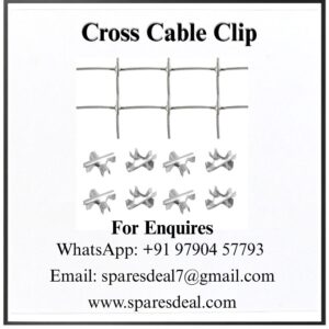 Stainless steel SS304 cross cable clips holding wire rope in a square grid, with 8 clips shown below
