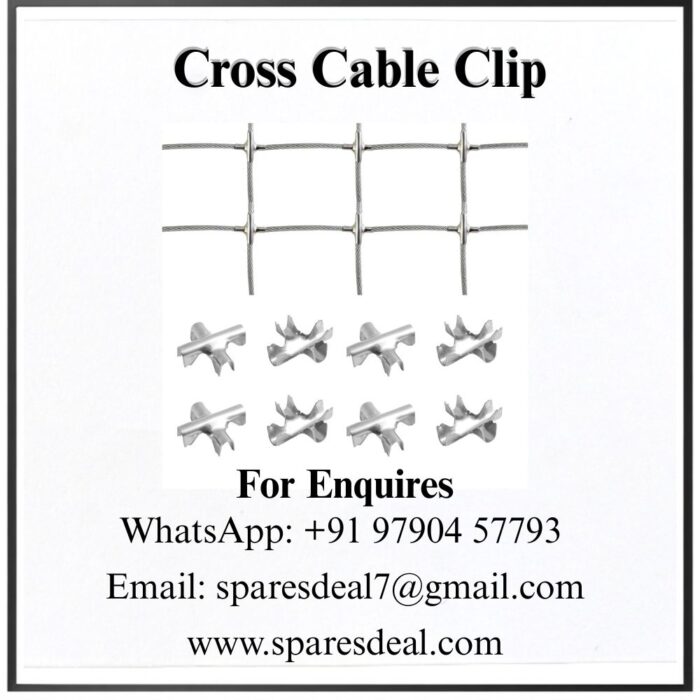 CCC Stainless steel SS304 cross cable clips holding wire rope in a square grid, with 8 clips shown below