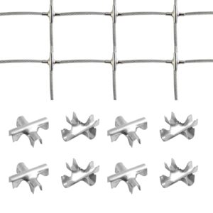 Stainless steel SS304 cross cable clips holding wire rope in a square grid, with 8 clips shown below