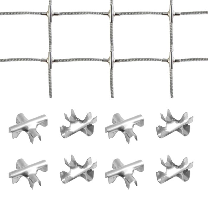 CCC Stainless steel SS304 cross cable clips holding wire rope in a square grid, with 8 clips shown below