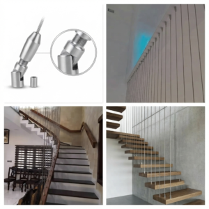 SS304 Bullet Angle Connector with close-up of its angled joint, shown with wire rope staircase railings in real installations