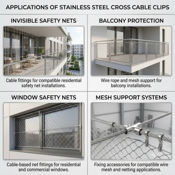 CCC Applications of SS304 Cross Cable Clips – Invisible Safety Nets, Balcony, Window & Mesh Support