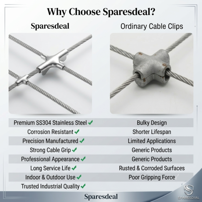 CCC Comparison of Sparesdeal SS304 cross cable clips with ordinary cable clips, showing corrosion resistance, strong grip, and a clean look