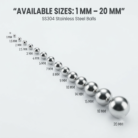 SS304 stainless steel balls in available sizes from 1 mm to 20 mm, arranged from smallest to largest