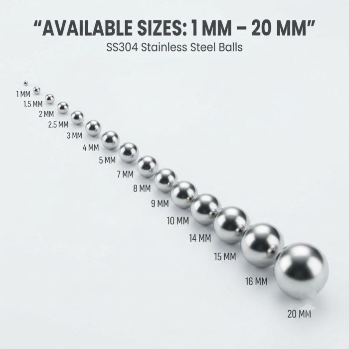 ss balls SS304 stainless steel balls in available sizes from 1 mm to 20 mm, arranged from smallest to largest