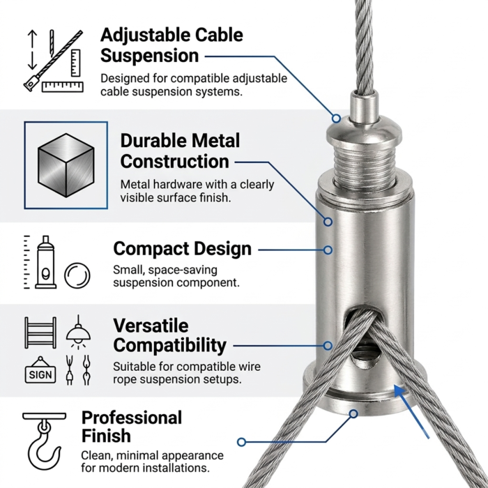 Stainless steel wire rope gripper infographic showing adjustable, durable, compact and versatile features