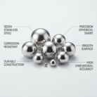 SS304 stainless steel balls in different sizes with labels: corrosion-resistant, smooth surface, durable construction, high dimensional accuracy