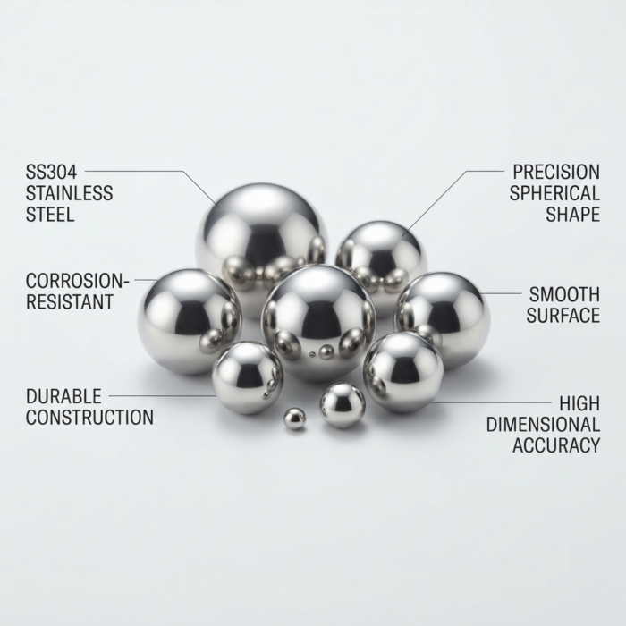 ss balls SS304 stainless steel balls in different sizes with labels: corrosion-resistant, smooth surface, durable construction, high dimensional accuracy