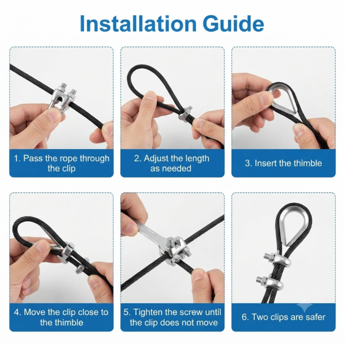 6-step installation guide for wire rope clips and thimble