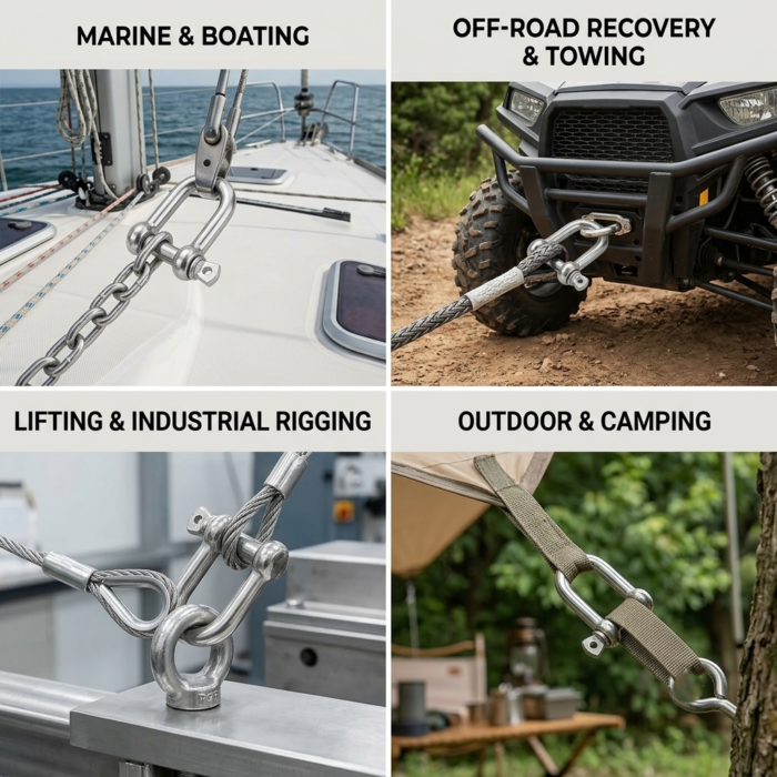 Stainless steel D shackles used in four ways: marine and boating, off-road recovery and towing, industrial rigging, and outdoor camping