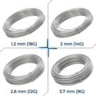 aluminium craft wire in different thicknesses: 1.2 mm (18G), 2 mm (14G), 2.6 mm (12G) and 3.7 mm (9G)
