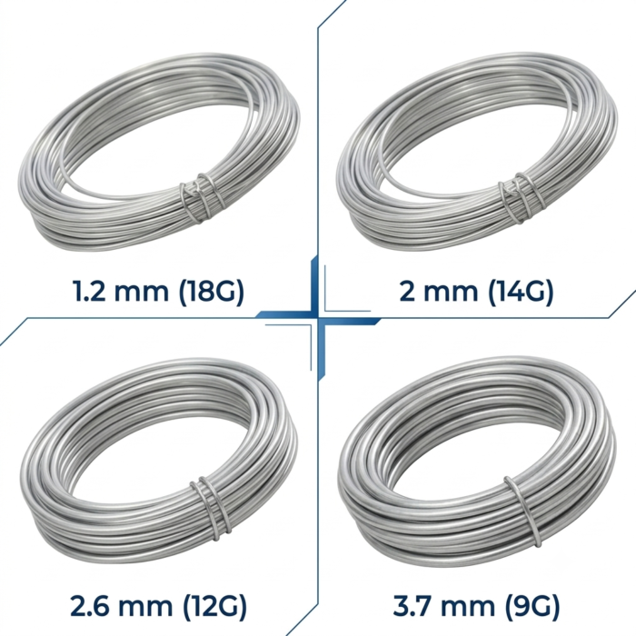 aluminium craft wire in different thicknesses: 1.2 mm (18G), 2 mm (14G), 2.6 mm (12G) and 3.7 mm (9G)