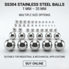 SS304 stainless steel balls in multiple sizes from 1 mm to 20 mm, arranged in rows from smallest to largest