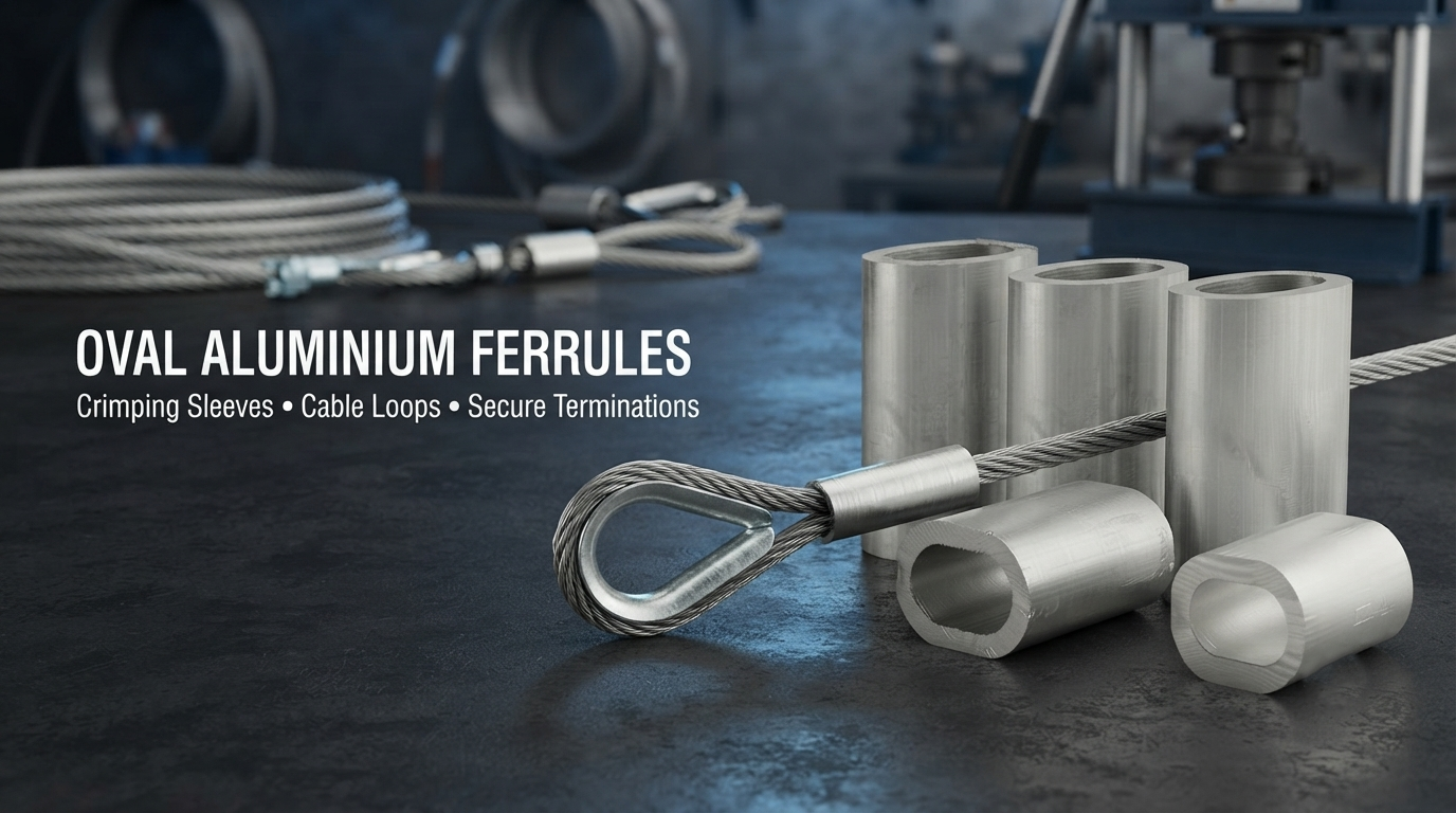 Oval aluminium ferrules with a crimped wire rope loop and thimble on a dark industrial workshop table