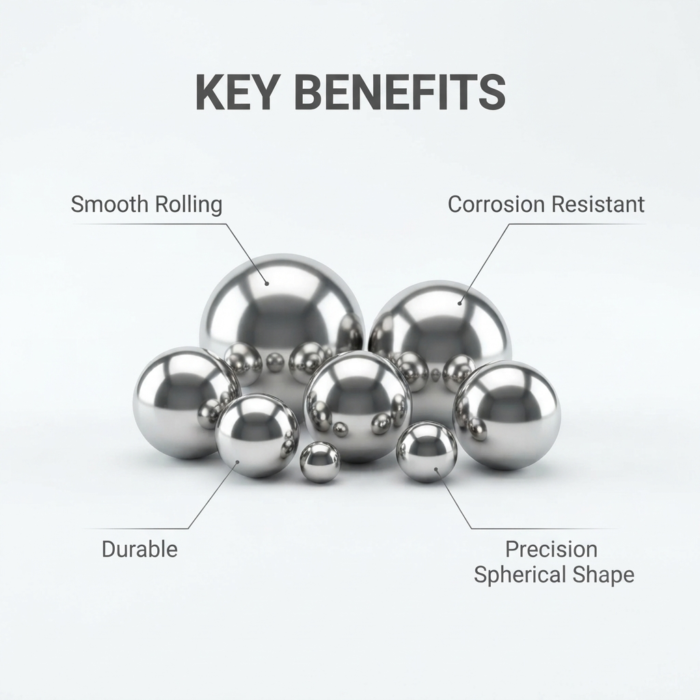 ss balls SS304 stainless steel balls in different sizes showing key benefits: smooth rolling, corrosion resistant, durable, precision spherical shape