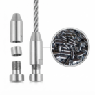 Stainless Steel 304 Bullet Straight Connector with wire rope, shown with separate parts and a bulk stock close-up