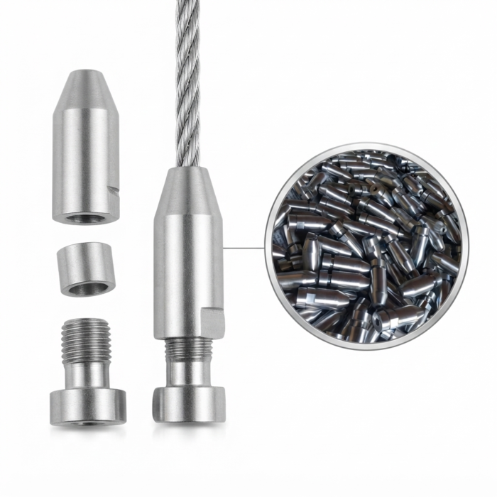 ss-bullet-4 Stainless Steel 304 Bullet Straight Connector with wire rope, shown with separate parts and a bulk stock close-up