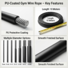 Black PU coated gym wire rope key features, 10 meters, 2mm to 10mm