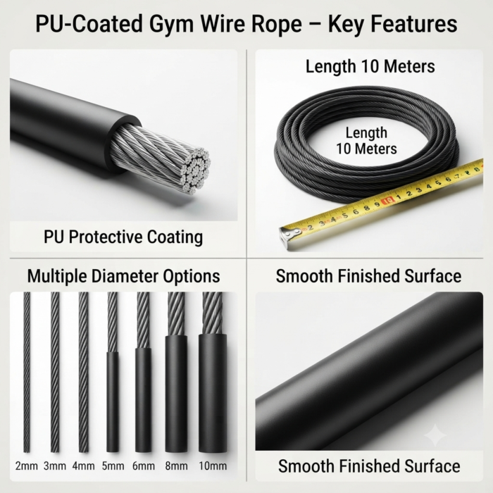 Black PU coated gym wire rope key features, 10 meters, 2mm to 10mm