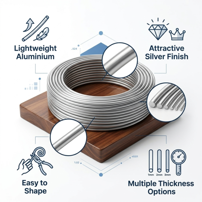 aluminium craft wire on a wooden base, showing lightweight build, silver finish, easy shaping and multiple thickness options
